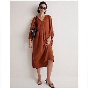 NWT Madewell Lightspun V-Neck MIDI Dress in Burnt Clay